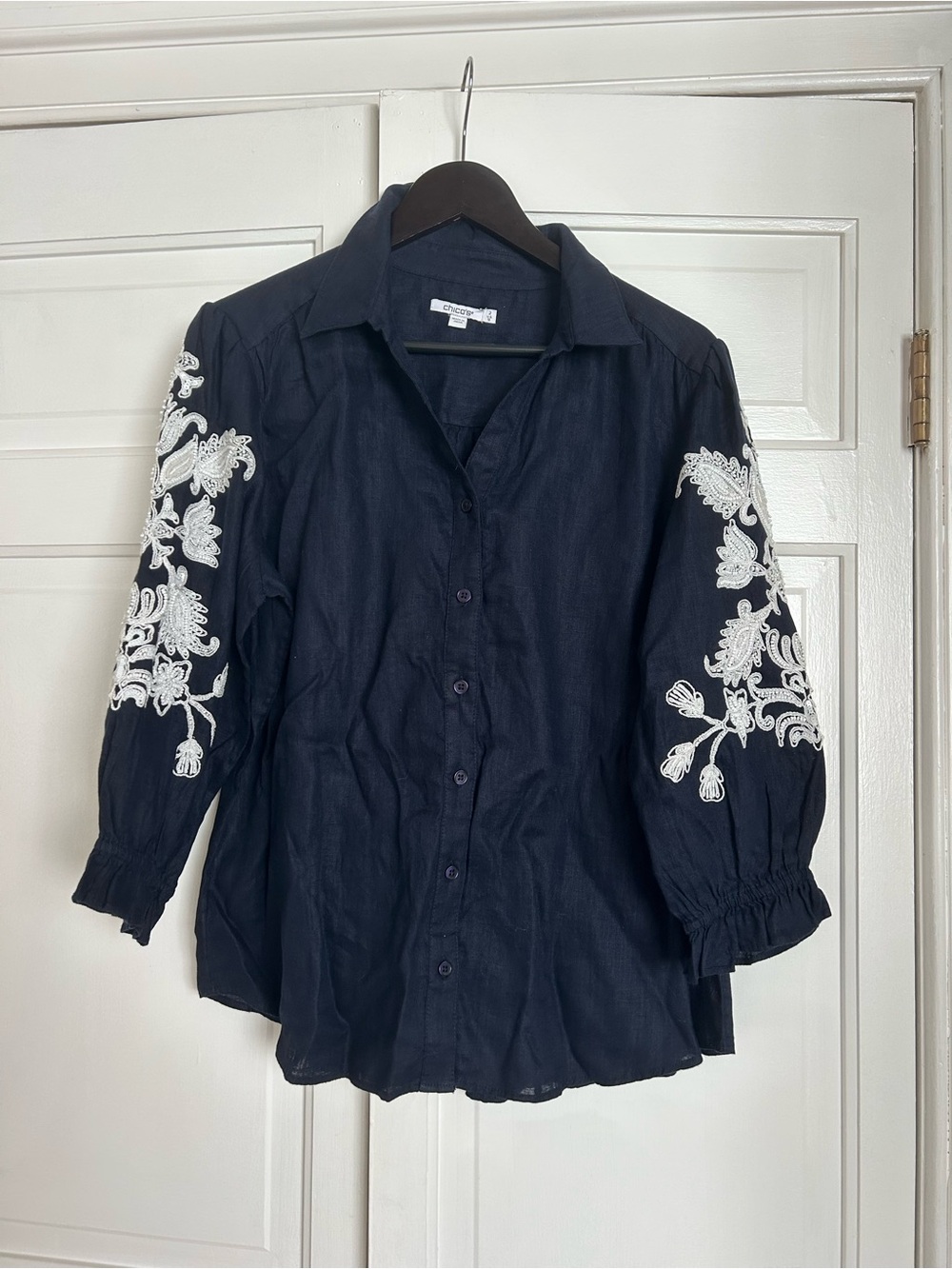Chico's Navy Linen Button-Front Top with White Embroidered Beaded Sleeves